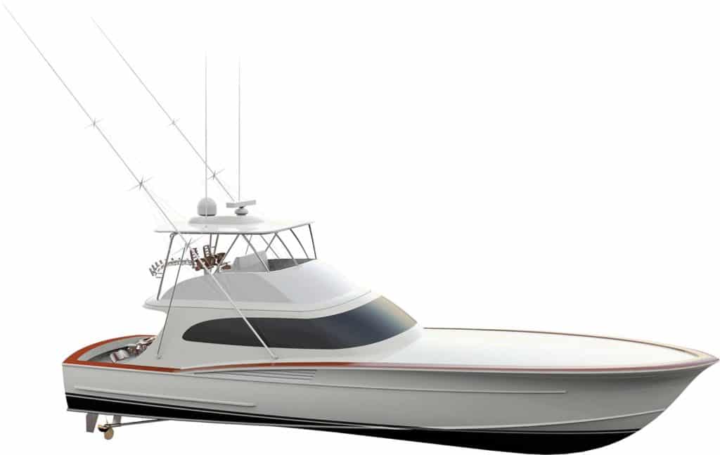 A digital rendering of a Scarborough 63 sport fishing boat.