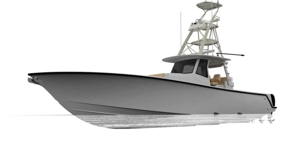 A digital rendering of SeaVee 450Z sport fishing boat
