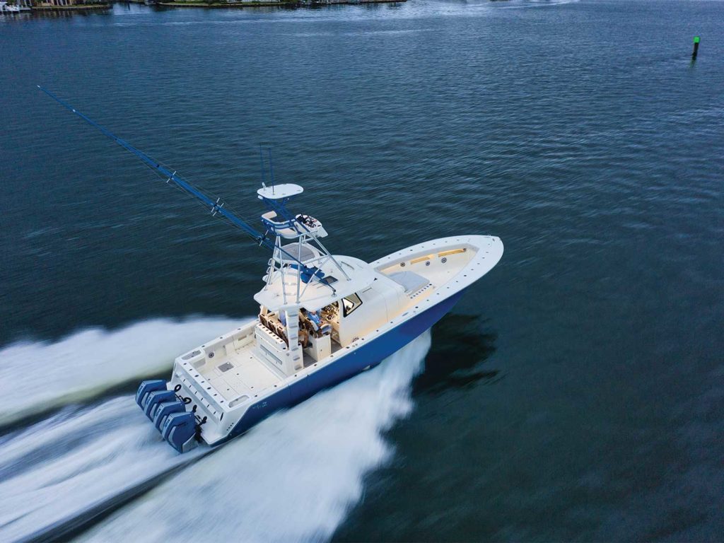 An outboard sport fishing boat on the water
