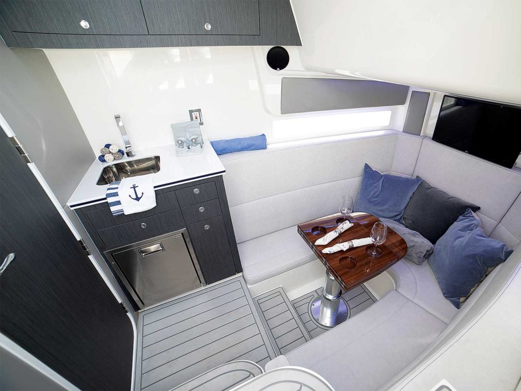 The interior seating area of the Seavee 450 sport-fishing boat.