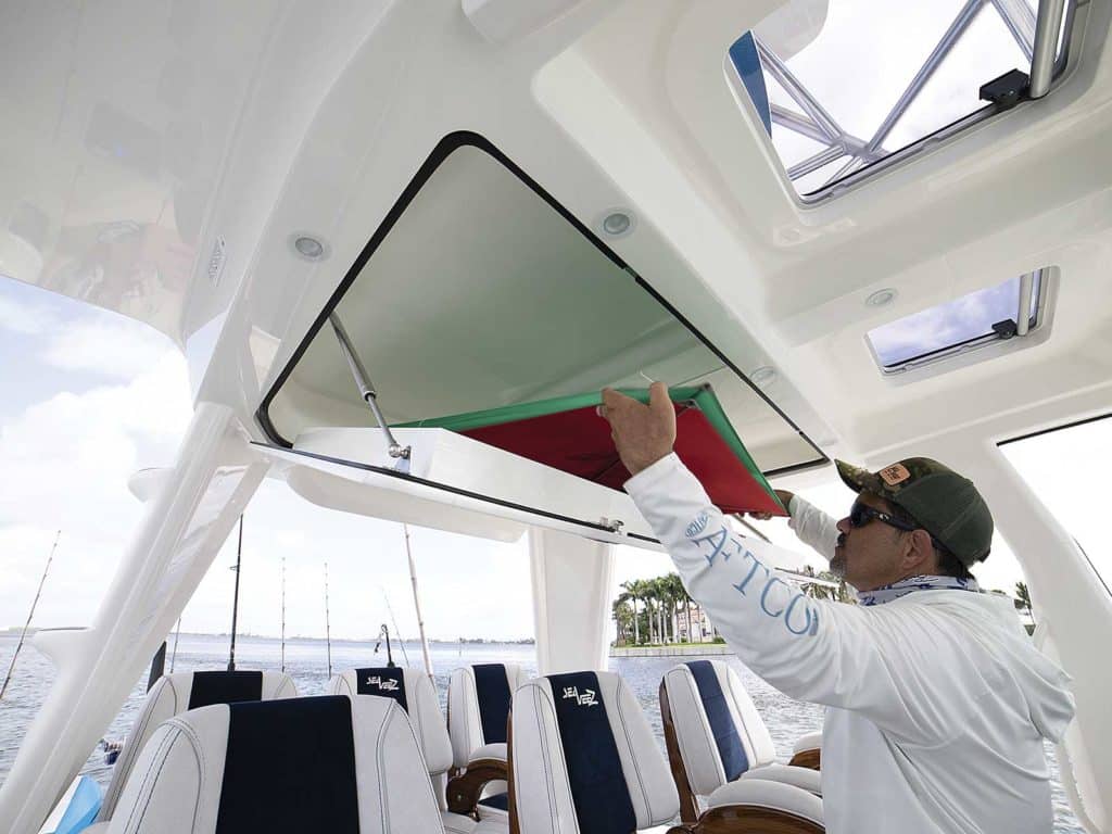 The helm storage of the Seavee 450 sport-fishing boat.