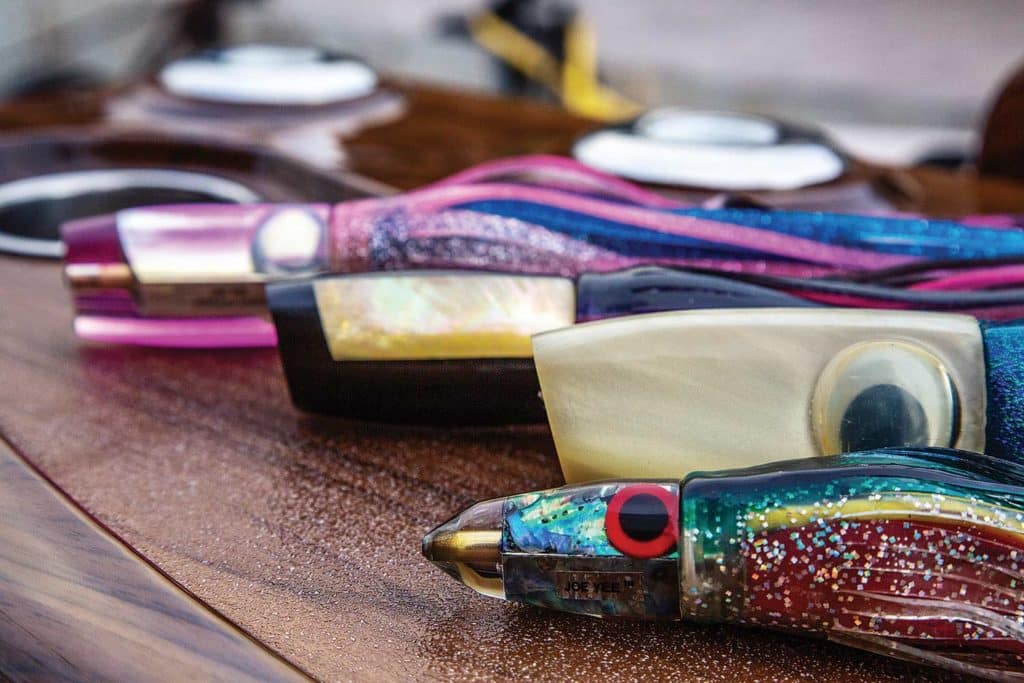 A lineup of hand-crafted marlin lures.