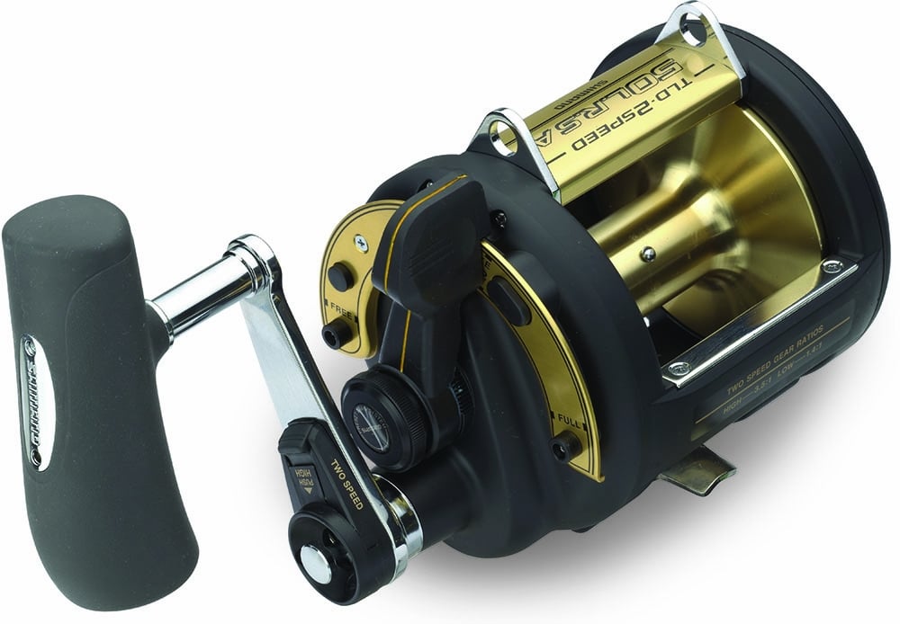 Shimano TLD 50 II fishing reel on a white background.