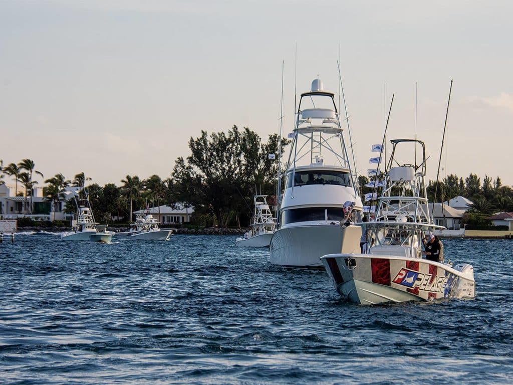 A fleet of sport-fishing boats pull away from the marina for a tournament.
