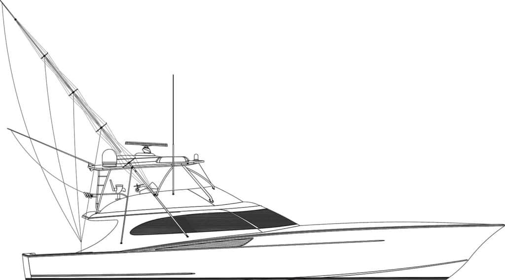 A digital rendering of a Spencer 72 sport fishing boat.