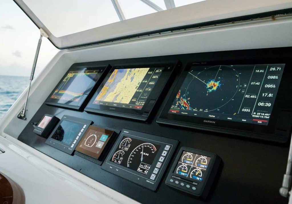 A marine electronics display on a sport-fishing boat.