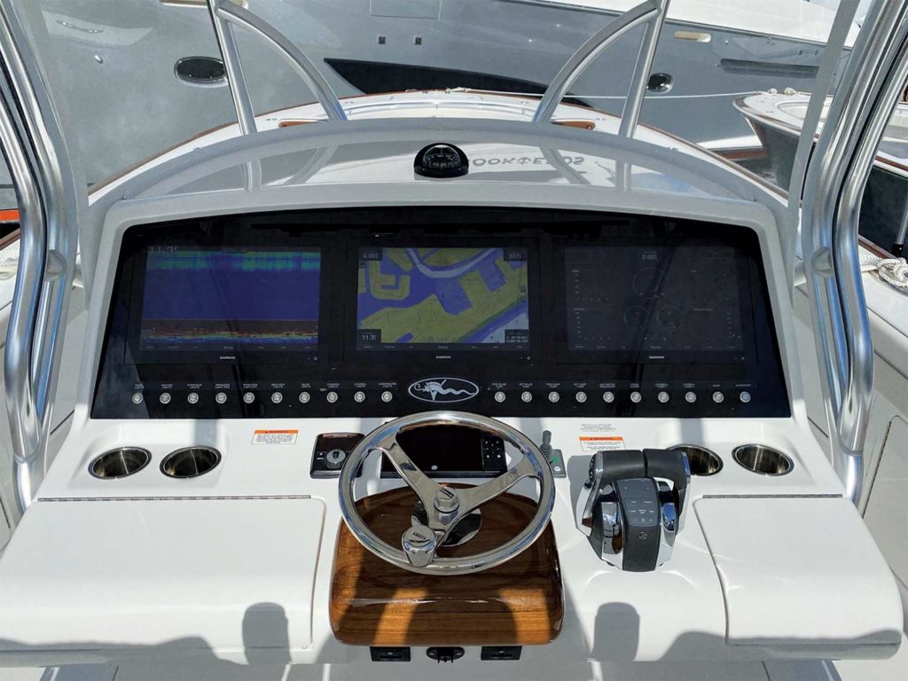 The helm of a sport fishing boat.