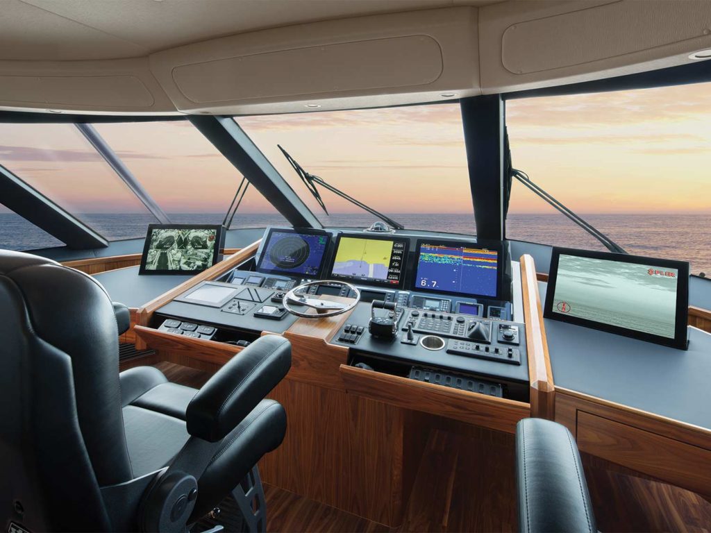 The helm and displays of a sport fishing boat.