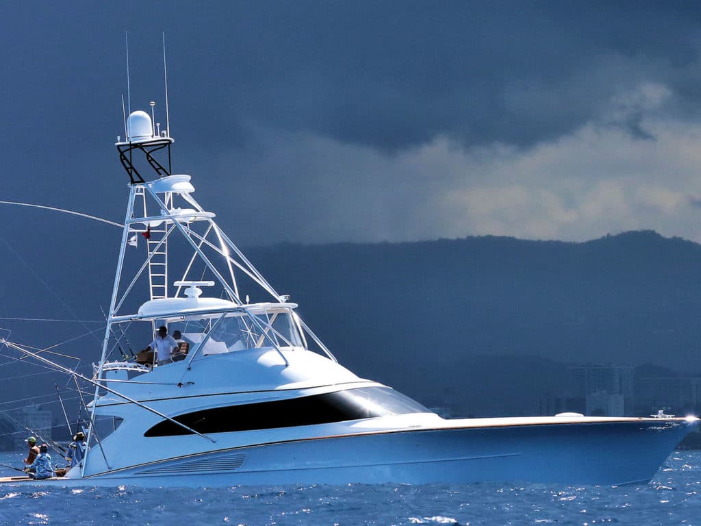 sport-fishing boat in bad weather