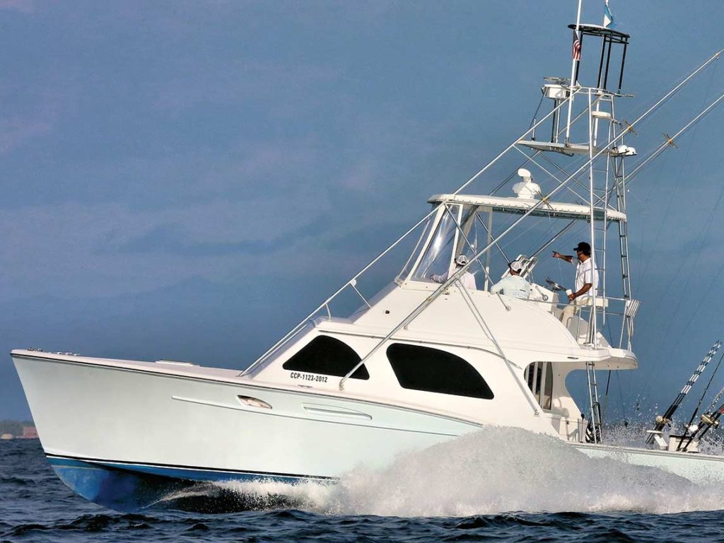 A sport-fishing boat on the water.