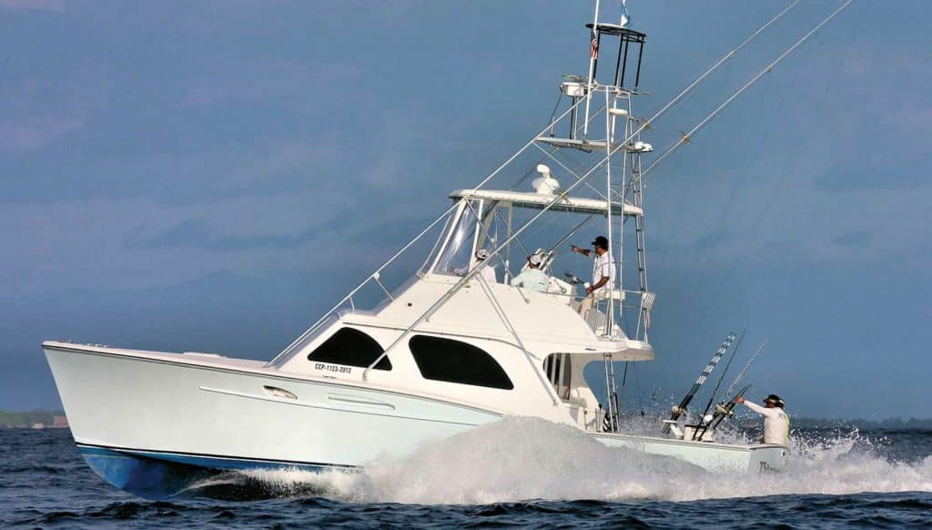 A sport-fishing boat on the water.