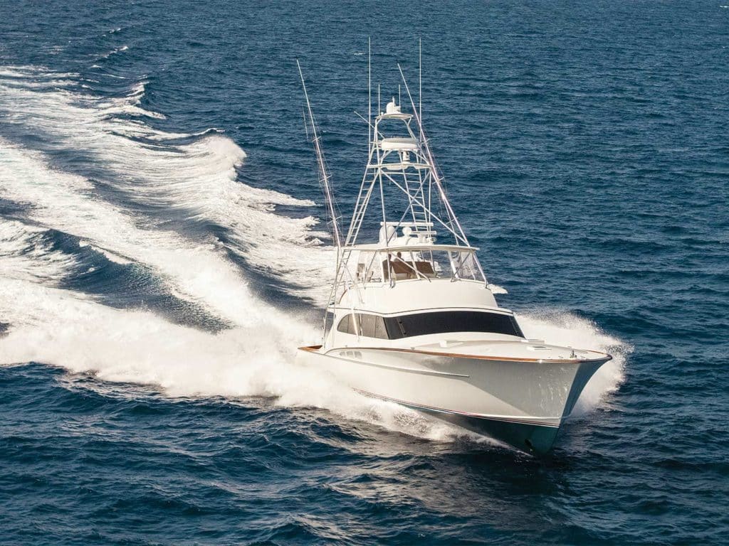 A sport fishing boat out on the water.