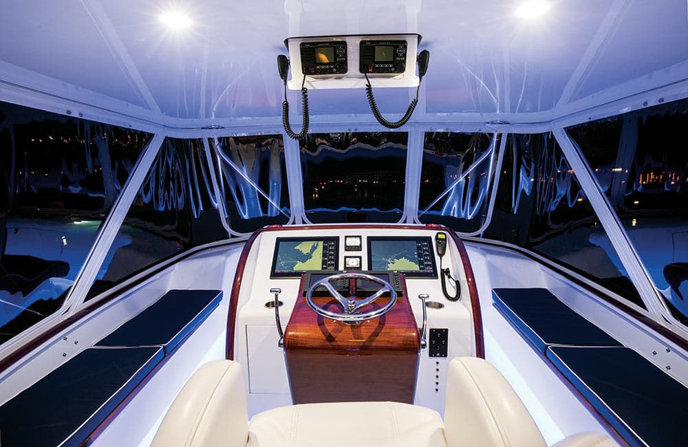maverick yacht helm station at night