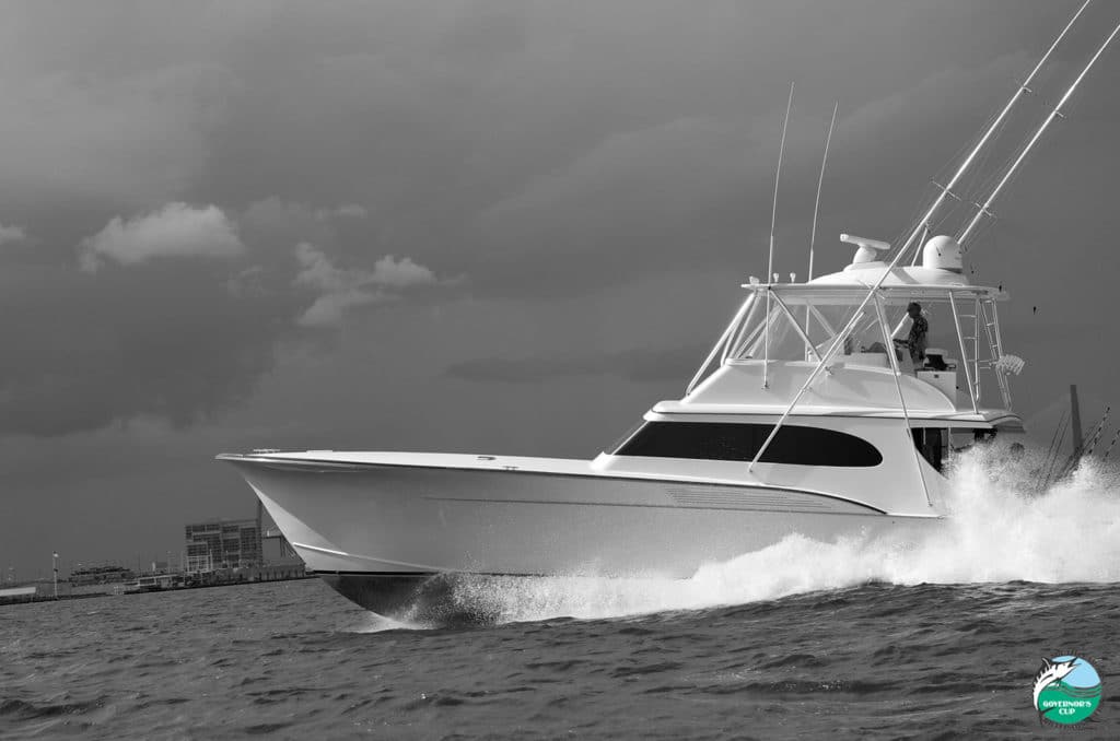 sport-fishing boat runs on water