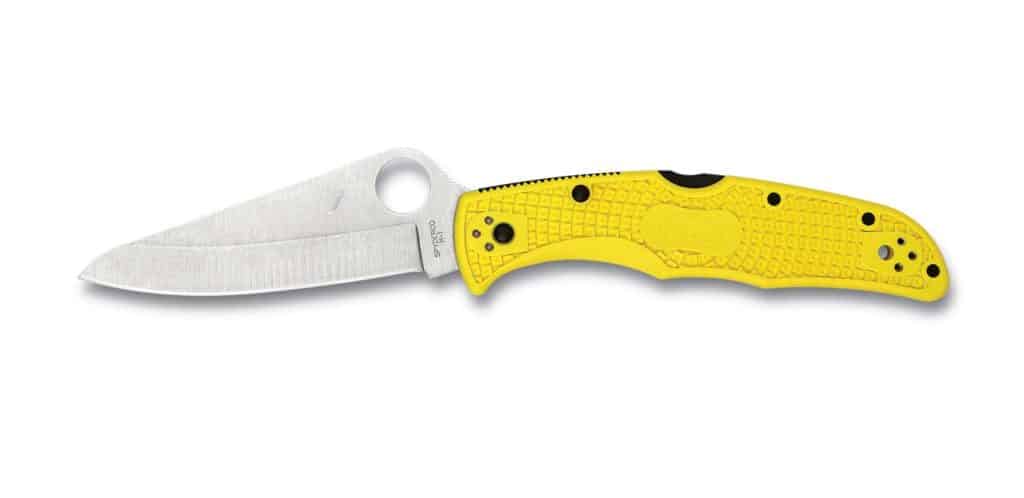 Spyderco Pacific Salt 2 yellow handled knife on a white background.