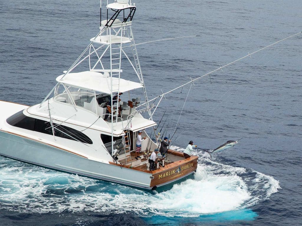 A sport-fishing boat on the water.