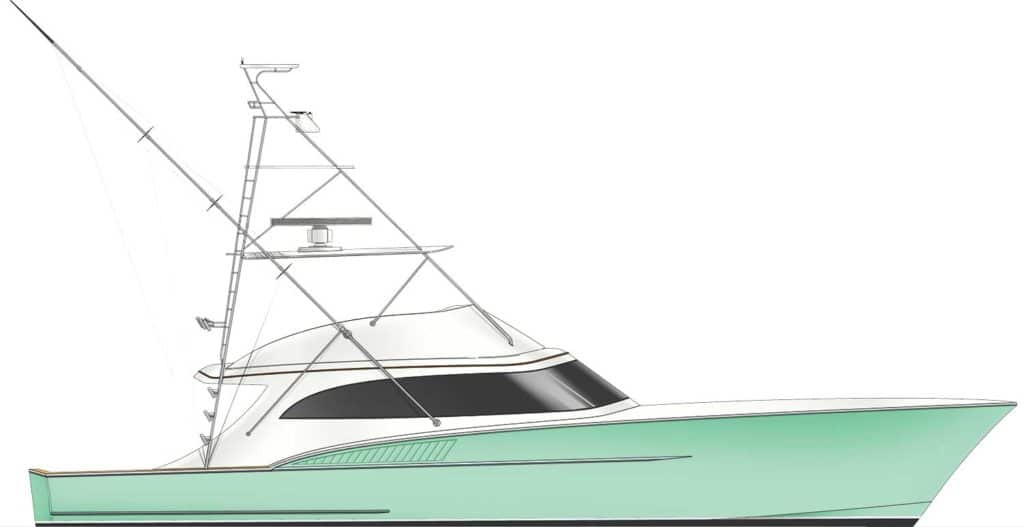 A digital rendering of a Titan 63 sport fishing boat.