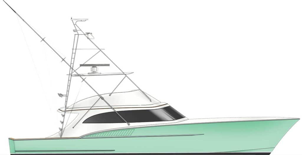 A digital rendering of a Titan 63 sport fishing boat.
