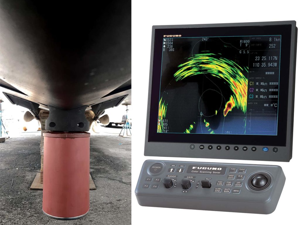 A side by side image of a retractable transducer and a omnidirectional sonar from Furuno.