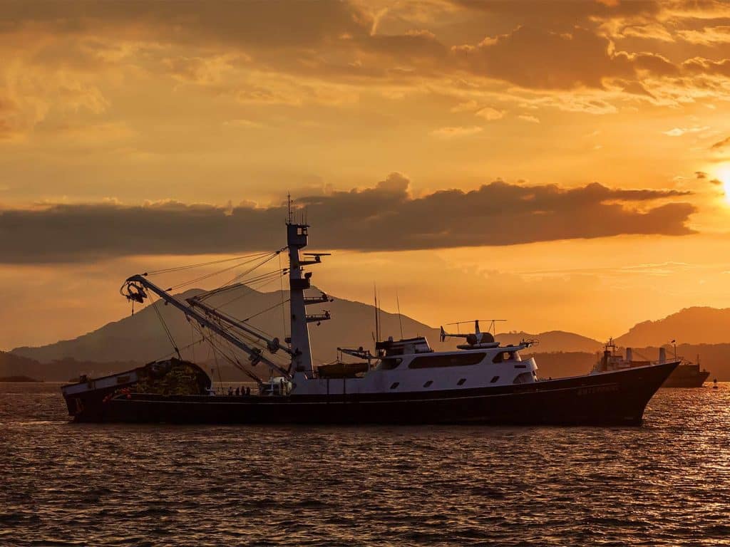 A large Tuna seiner, an industrial fishing boat, on the coast of Costa Rica. The sun is setting on the horizon.