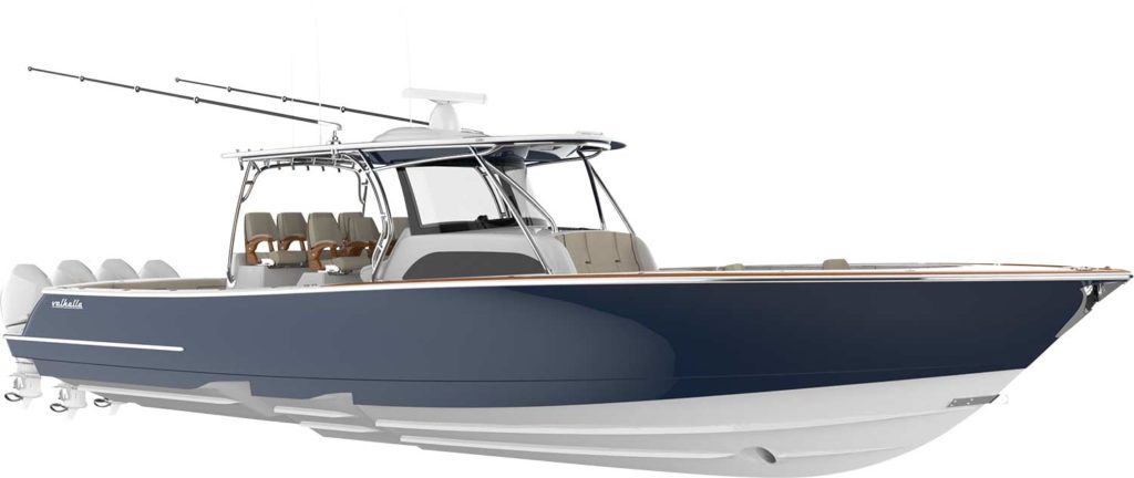 A digital rendering of Valhalla 46 sport fishing boat