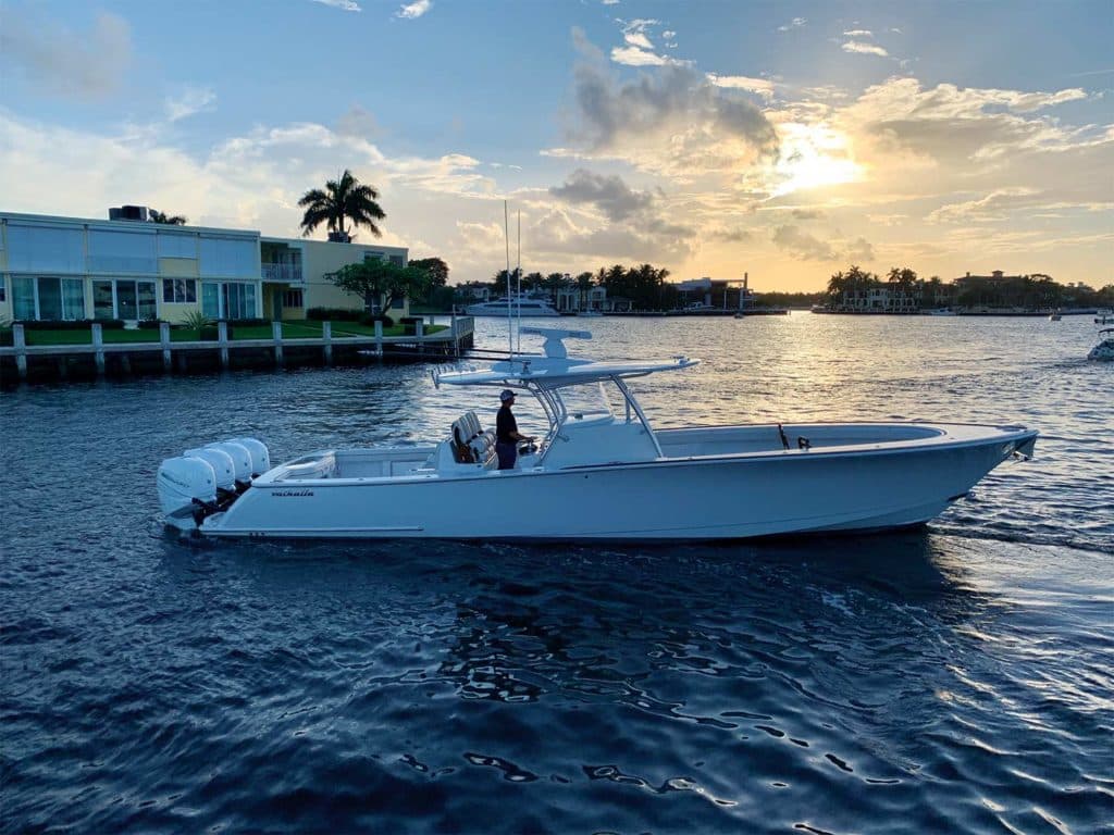 A sport-fishing boat on the water.