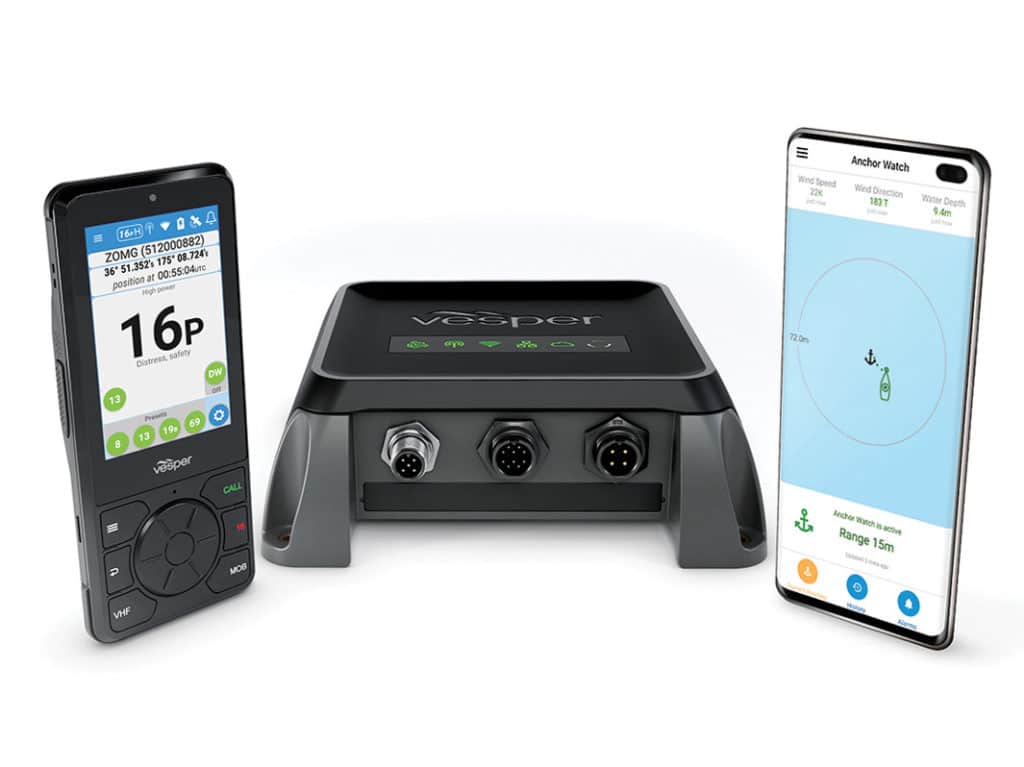 The Vesper Cortex marine electronics systems and smartphone on a white background.