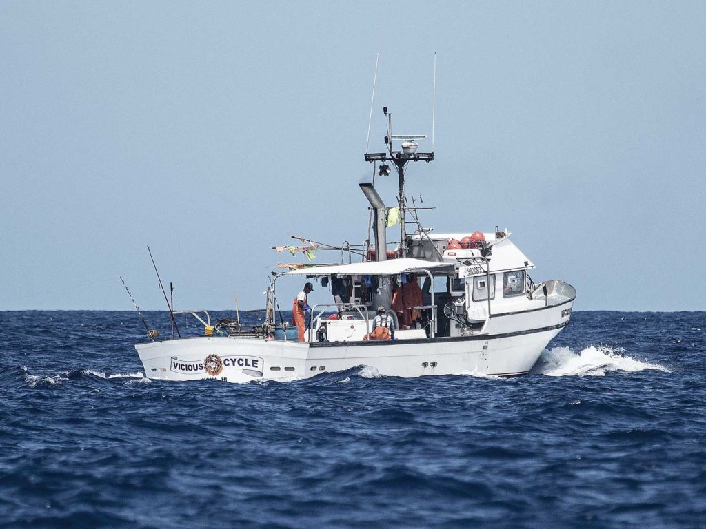 A sport-fishing boat rides across the waves.