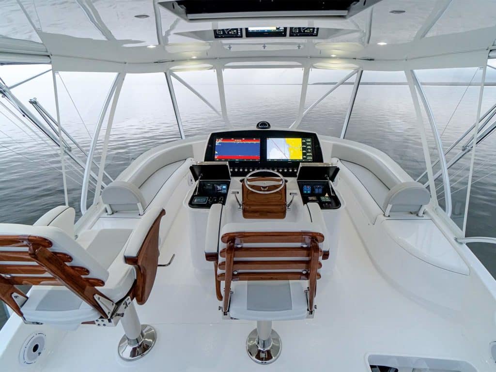 The helm of the Viking Yacht 54 sport-fishing boat.