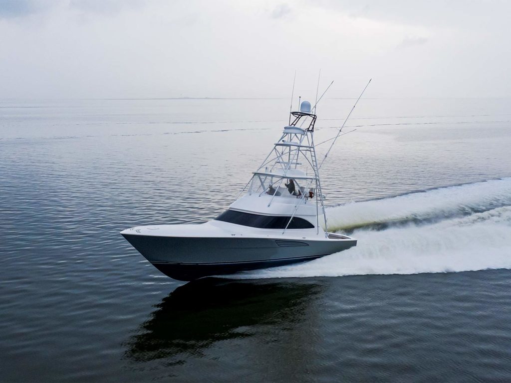 The Viking Yacht 54 sport-fishing boat on the water.