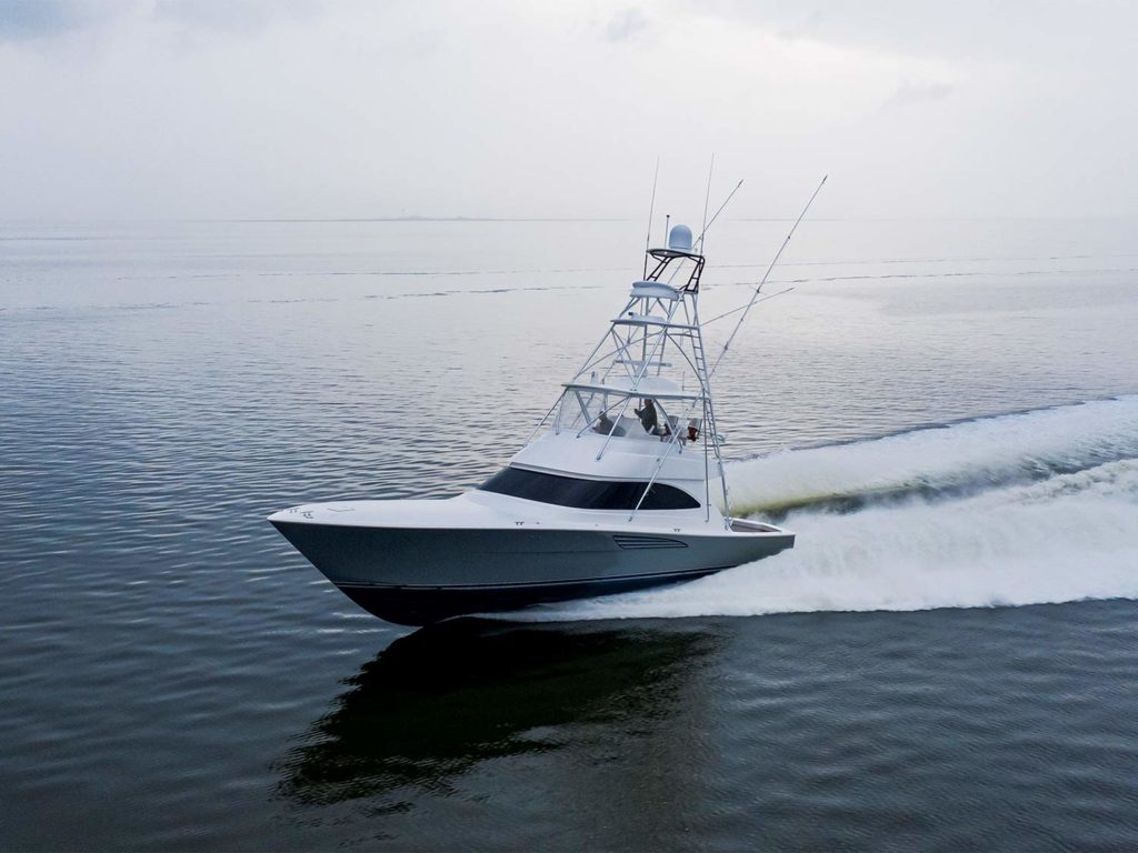 The Viking Yacht 54 sport-fishing boat on the water.