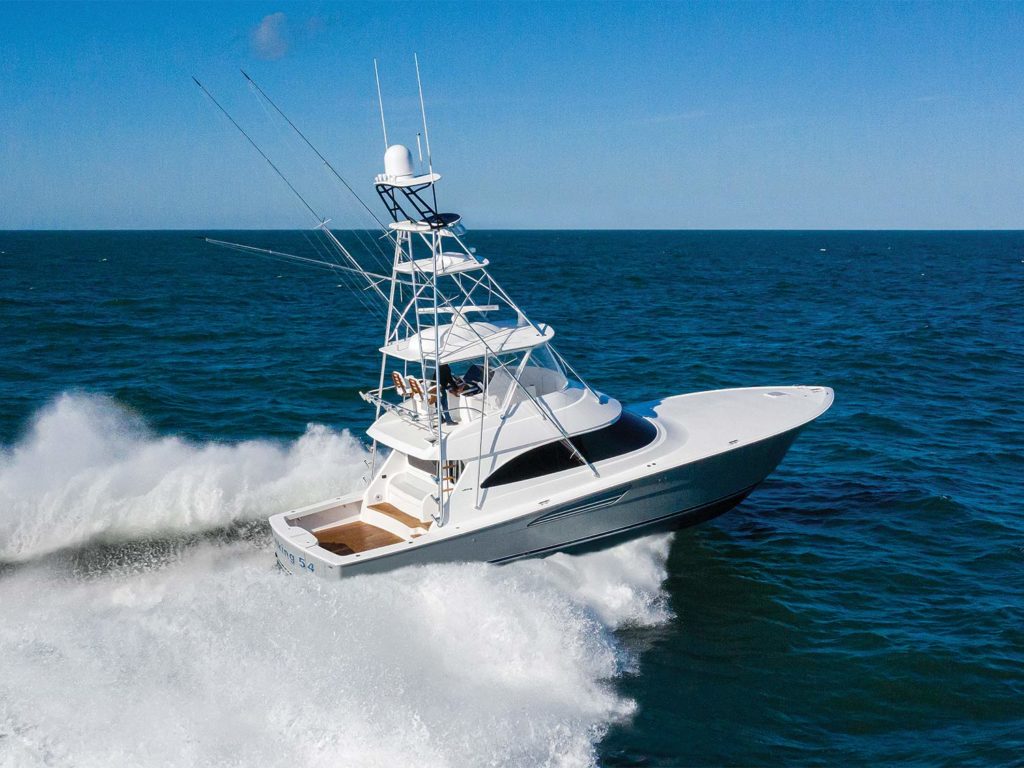 The Viking Yacht 54 sport-fishing boa on the water.