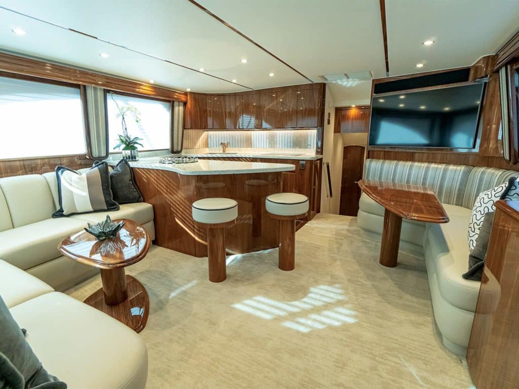 The interior salon and galley of the Viking Yacht 54 sport-fishing boat.