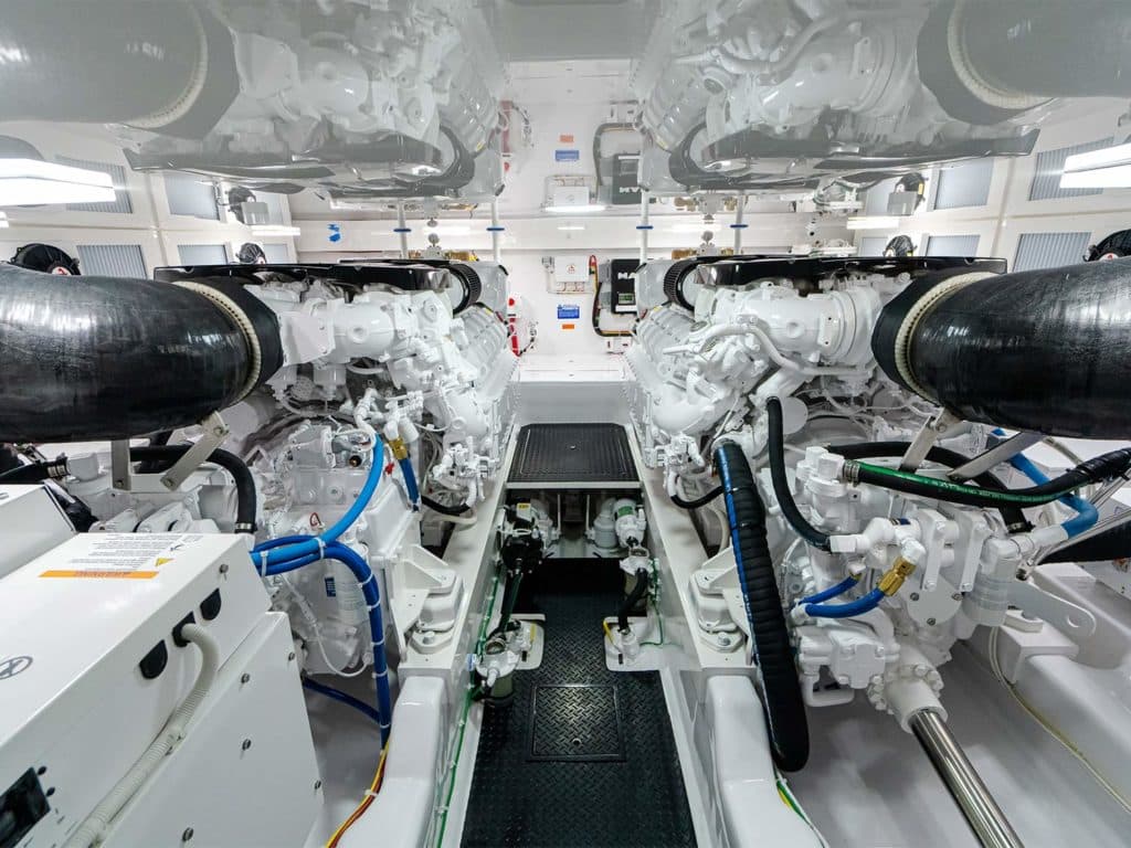 The engine room of the Viking Yacht 54 sport-fishing boat.