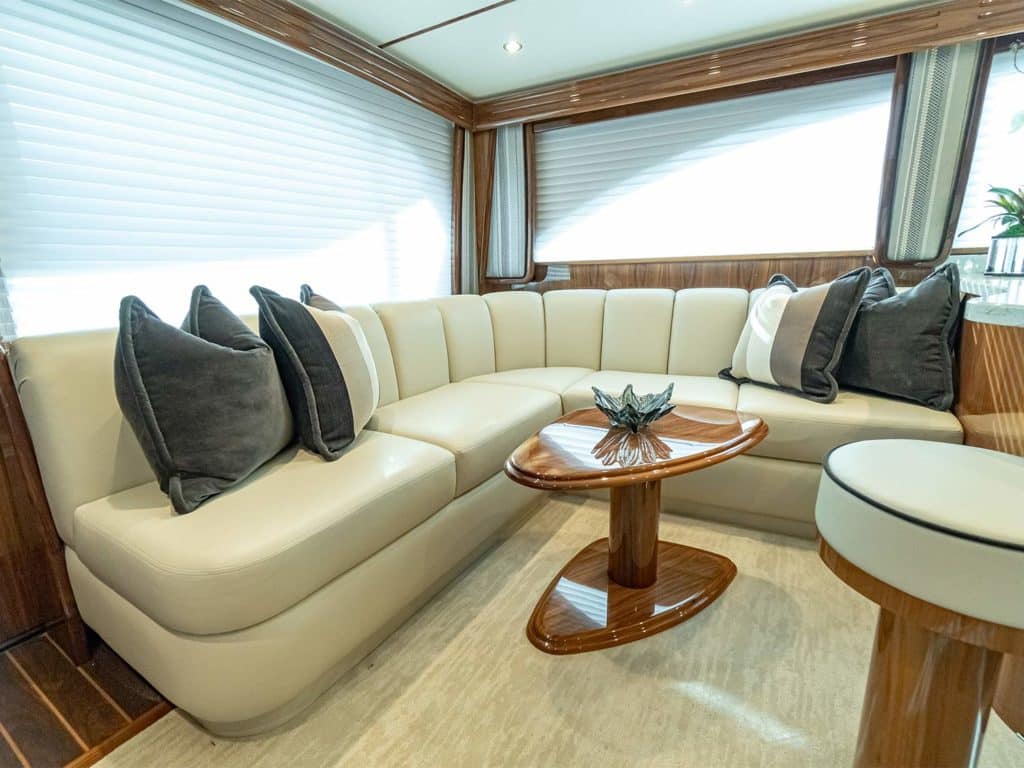 The seating in the interior salon of the Viking Yacht 54 sport-fishing boat.
