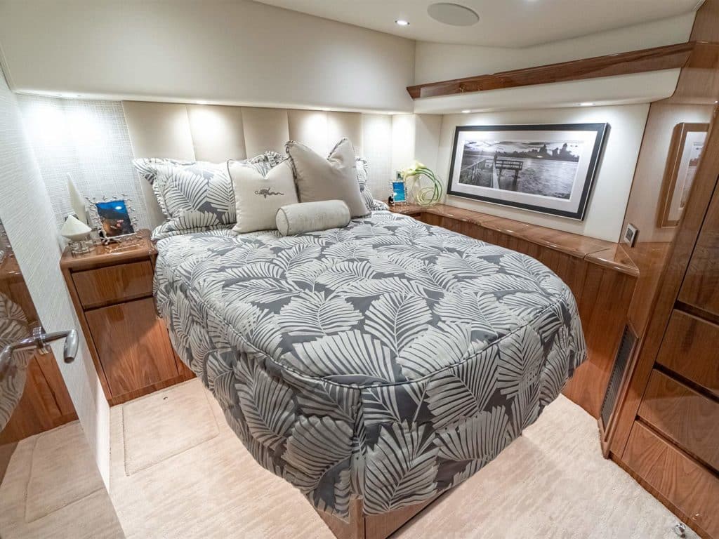 A stateroom of the Viking Yacht 54 sport-fishing boat.