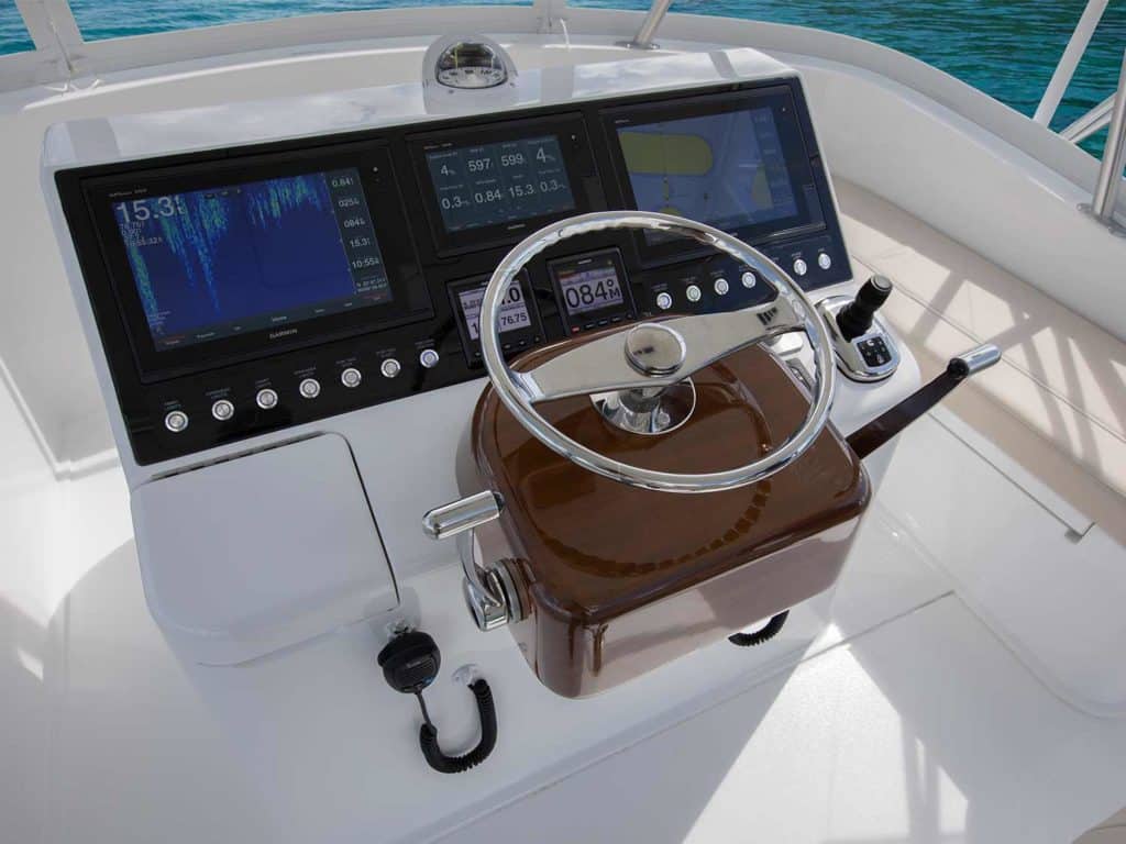 the console and cockpit of a viking yacht