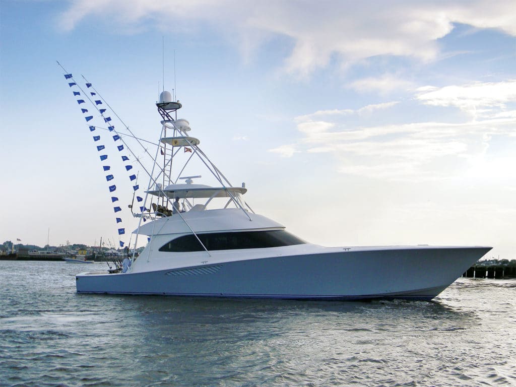 A Viking yacht sport fishing boat on the water.