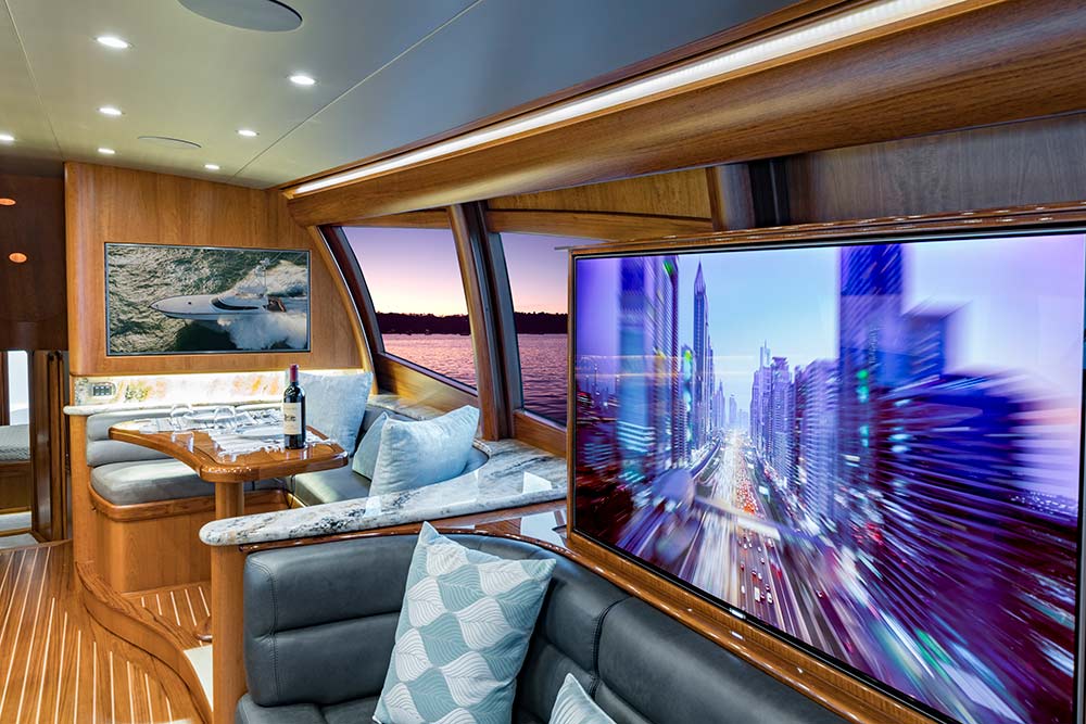 sitting room and tv inside the willis 77 yacht