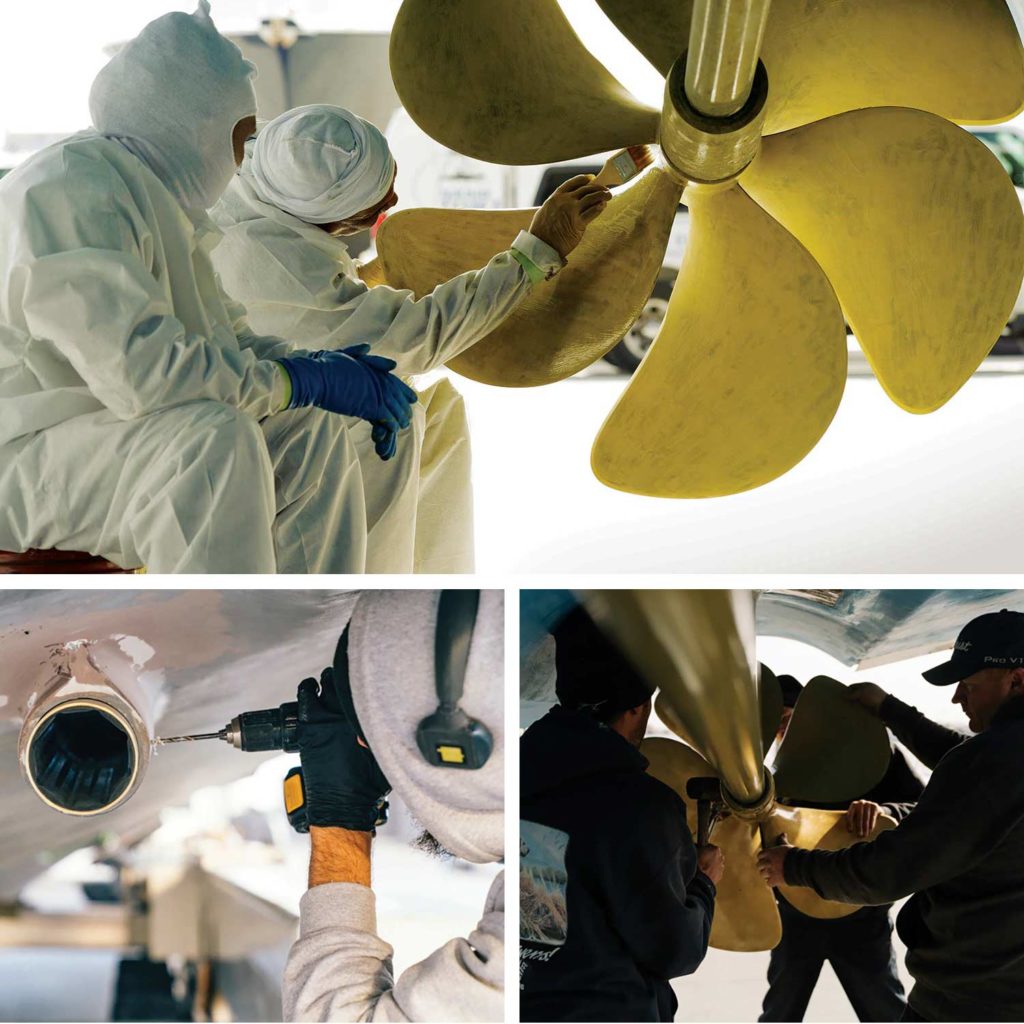 A collage of boat yard workers performing routine maintenance on a ship's propellers and water lines.