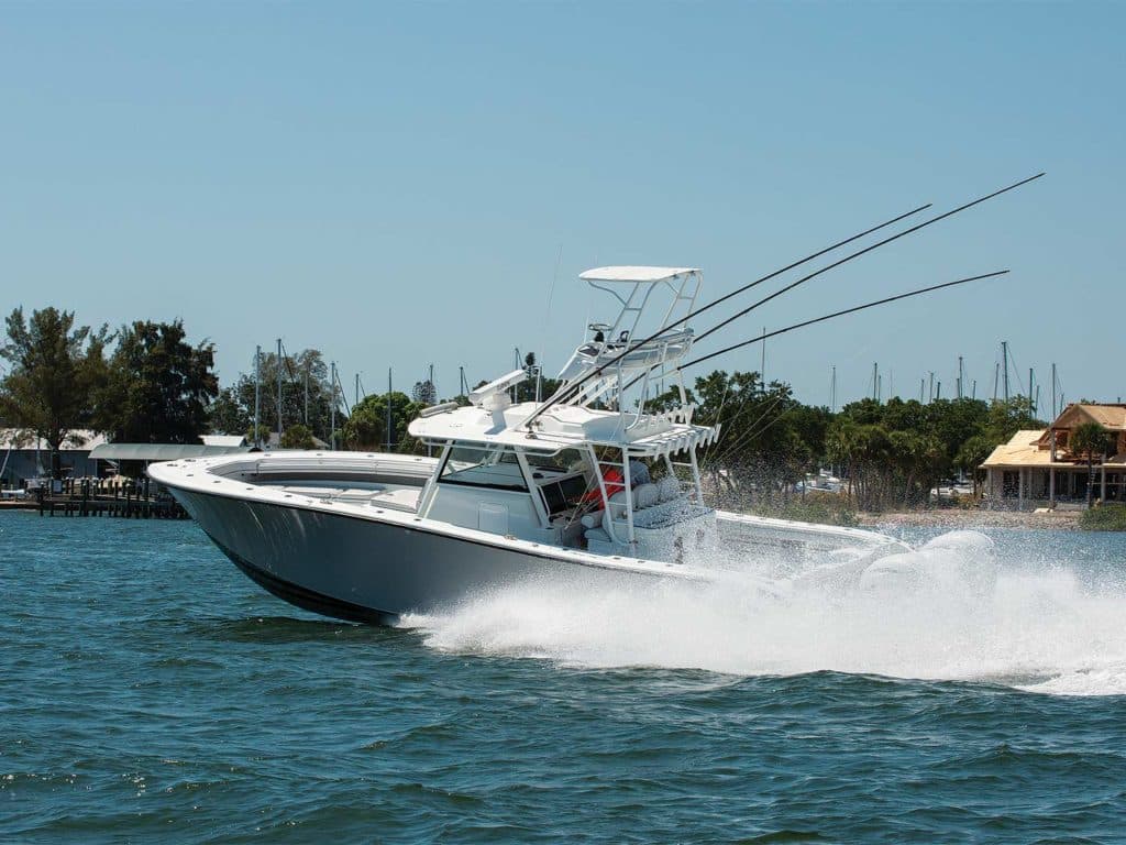 A Yellowfin 42 sport-fishing boat on the water.