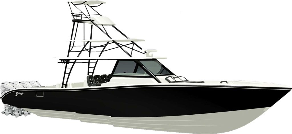 A digital rendering of Yellowfin 54 sport fishing boat