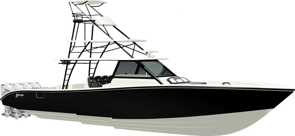 A digital rendering of Yellowfin 54 sport fishing boat