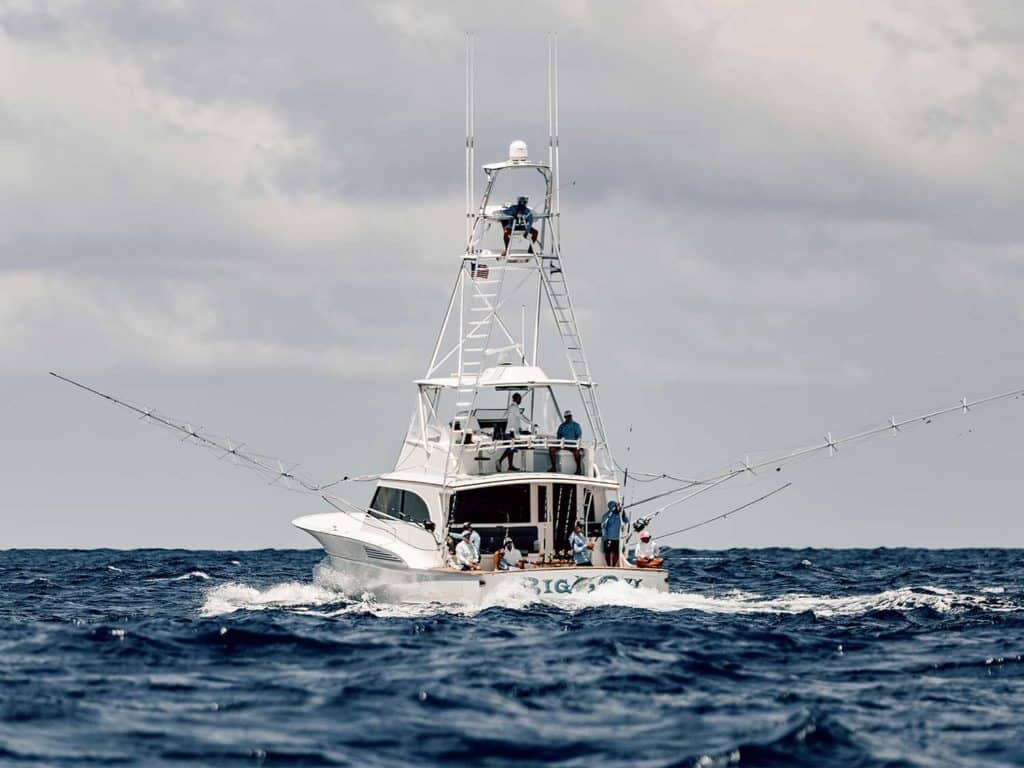 A sport-fishing boat on the water.