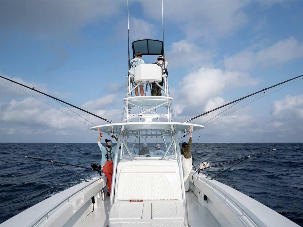 The carbon-fiber dredge booms on the Contender 44ST, C1 sport-fishing boat.