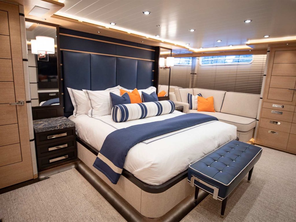 The master stateroom of the Michael Rybovich & Sons 94 sport-fishing boat.