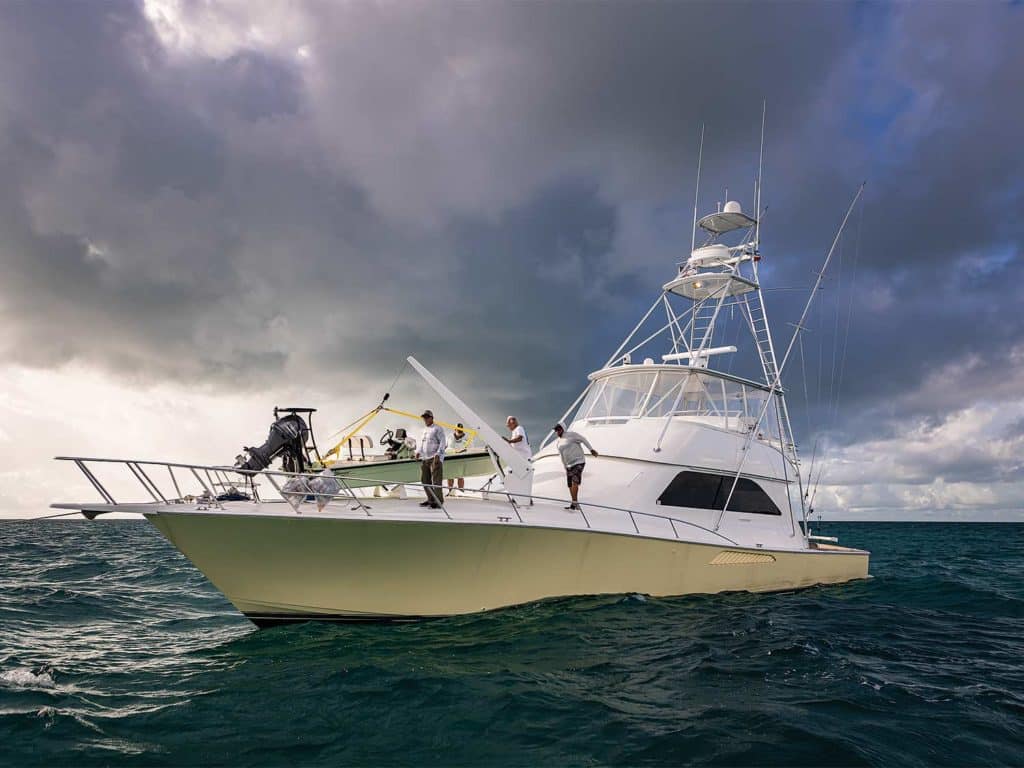 A sport-fishing boat on the water.