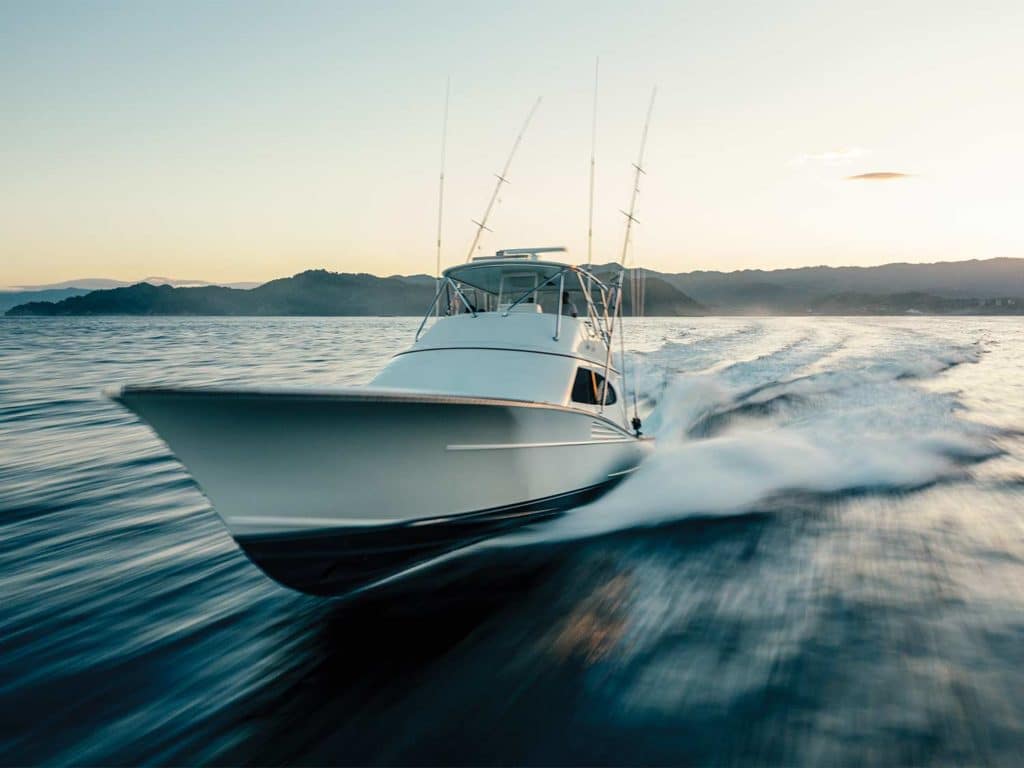 A sport-fishing boat on the water.