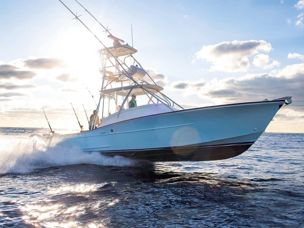 A sport-fishing boat on the water.