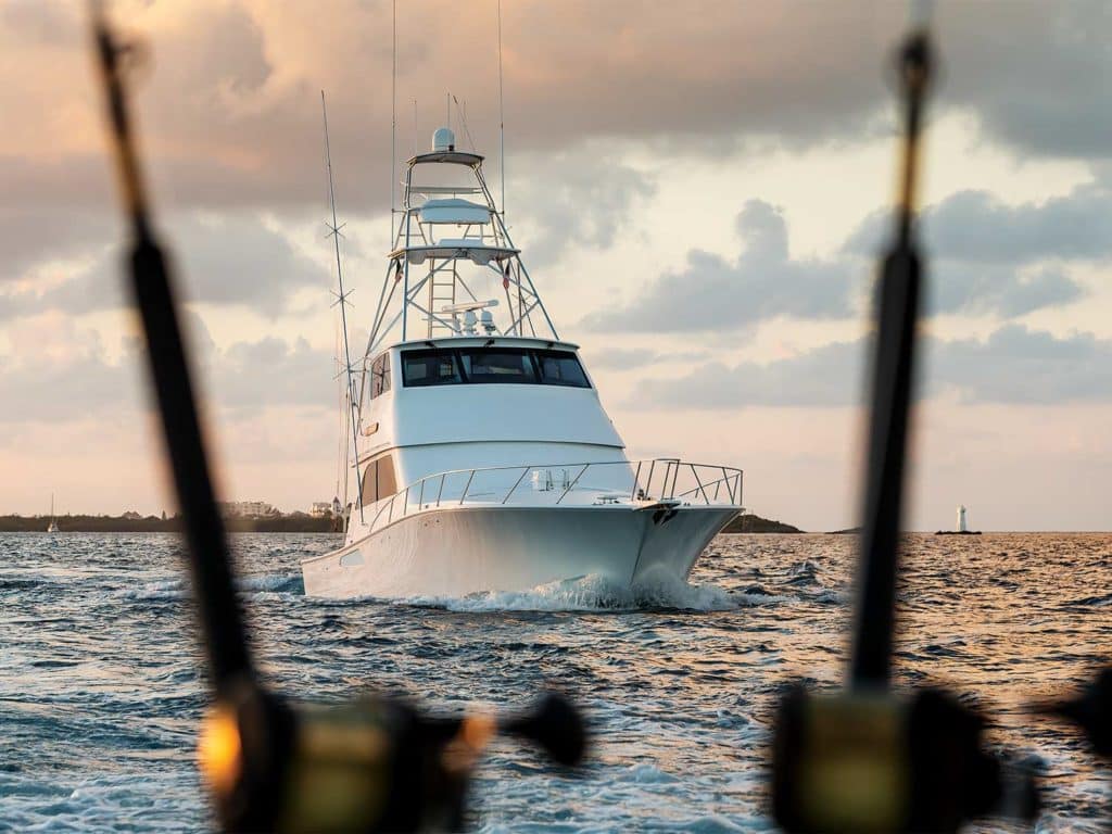 A sport-fishing boat on the water.